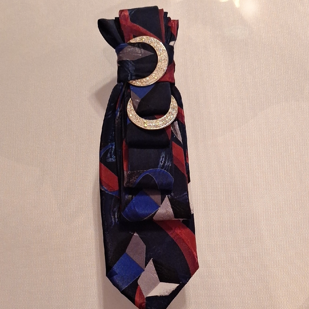 Silk Geometric Print Necktie Necklace with Gold Rhineston Buckles.